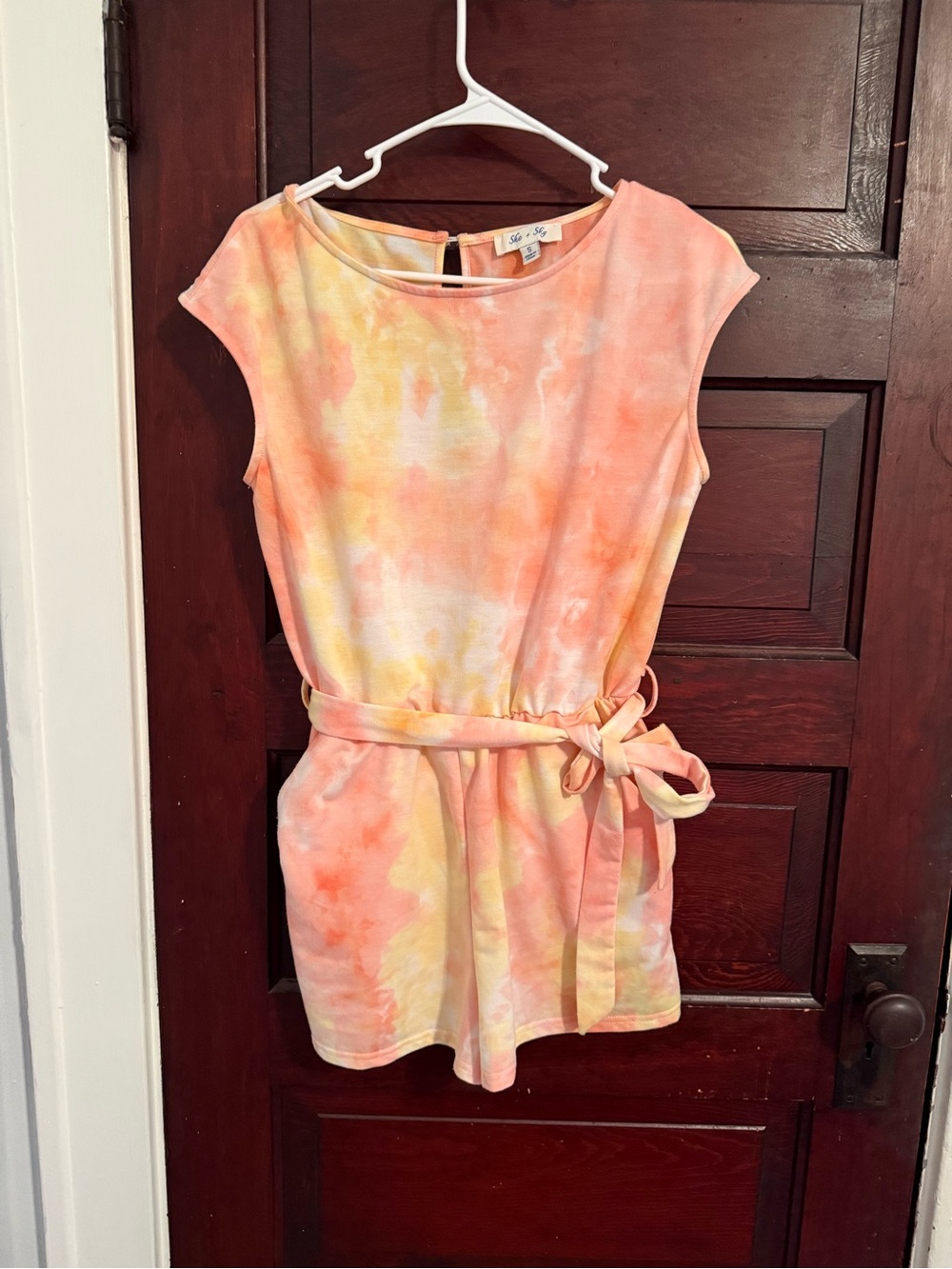 She + Sky Peach and Pale Yellow Tie-Dye Romper open back